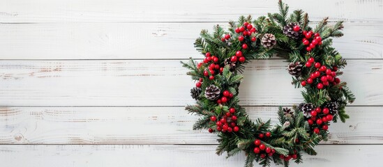Poster - Copy space image of Christmas wreath from above on white wooden surface, with space for writing, and focus on specific details.