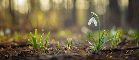 Aufkleber - Close-up shot of a white snowdrop (Galantus) flower in a forest meadow during early spring, with selected focus on the blossom, copy space image.