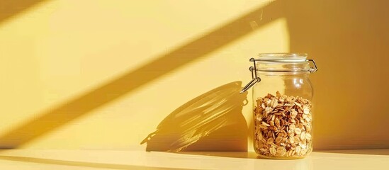 Aufkleber - Aesthetic oat granola in a glass jar on champagne yellow background, with beautiful shadows for a healthy breakfast concept, featuring copy space image.