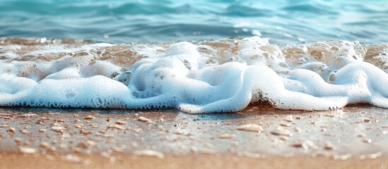 Poster - Close-up view of a sea wave, highlighting white foam on a golden sandy beach by the blue ocean; ideal summer backdrop with ample copy space for images, featuring selective focus.