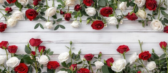 Poster - Eustoma and roses arranged on a white wooden backdrop with ample copy space image.