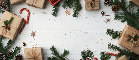 Poster - Flat lay frame featuring Christmas gifts and fir tree branches arranged on a white wooden background with copy space image.