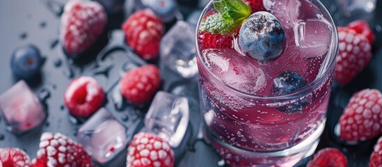 Poster - Close-up view of a summer drink with berries and ice cubes on a table, providing copy space for an image.