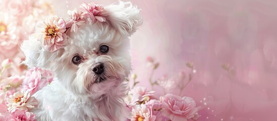Poster - Cute Bichon adorned with a wreath of lovely flowers, suitable for text in a indoor setting, with copy space image.