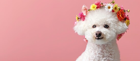 Poster - Cute Bichon adorned with a wreath of lovely flowers, suitable for text in a indoor setting, with copy space image.