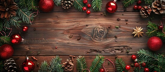 Poster - Festive holiday greeting card featuring Christmas decorations on a wooden background with space for text. image with copy space