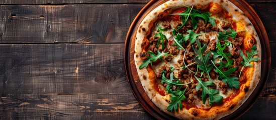 Poster - Flat lay on a wooden table featuring a delicious pizza topped with meat and arugula, providing copy space image.