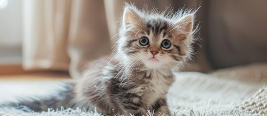 Poster - Adorable fluffy kitten happily playing in a cozy home with a lovely appearance, providing ample copy space within the image.