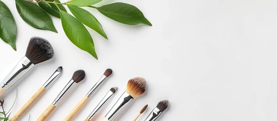 Poster - Decorative cosmetics and brushes arranged on a white backdrop with copy space image.
