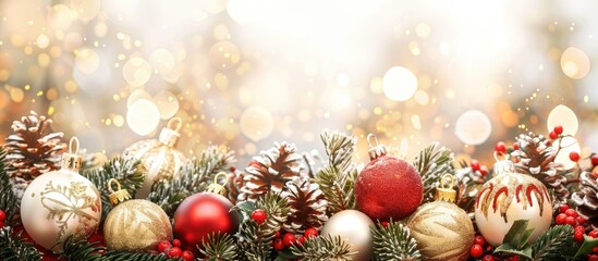 Poster - Festive Christmas display featuring pine twigs, red, white, and gold ornaments and cones against a backdrop of a Christmas tree with a lovely bokeh effect. Banner with room for text