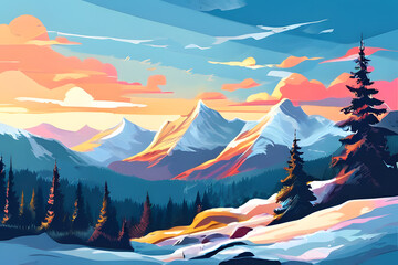 Wall Mural - A vibrant winter wonderland unfolds. Snowy peaks rise dramatically, adorned with hints of pink and purple. A touch of magic transforms this landscape into a captivating scene.