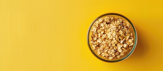 Aufkleber - Aesthetic oat granola in a glass jar on champagne yellow background, with beautiful shadows for a healthy breakfast concept, featuring copy space image.
