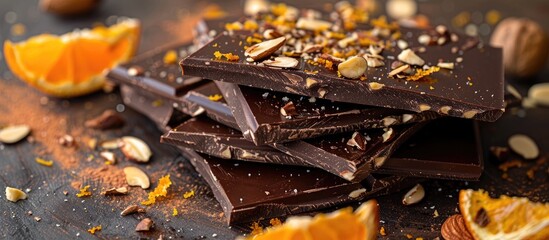 Poster - Dark chocolate bars with chopped almonds and dried orange wedges, perfect for an elegant, delicious treat with a rustic touch and a beautiful presentation on a copy space image.