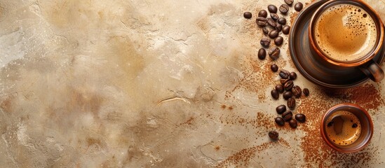 Poster - An image featuring a cezve, a cup of coffee, and coffee beans set against a beige grunge backdrop offers ample copy space.