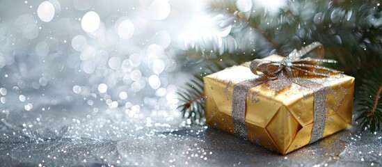 Poster - Festive golden gift box with pine branch on shiny silver background. Simple holiday theme with a small gold present box and room for text in the image's empty space. image with copy space