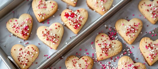 Poster - Create heart-shaped Valentine's Day cookies with a step-by-step recipe, using a mold for shaping and sprinkles for decoration in a copy space image.