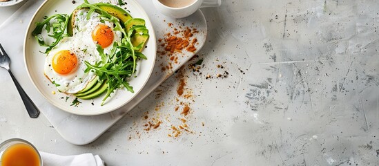 Poster - An appetizing vegan breakfast featuring baked avocado with egg and arugula salad on toast displayed on a white marble plate atop a light concrete table, accompanied by coffee. Copy space image.