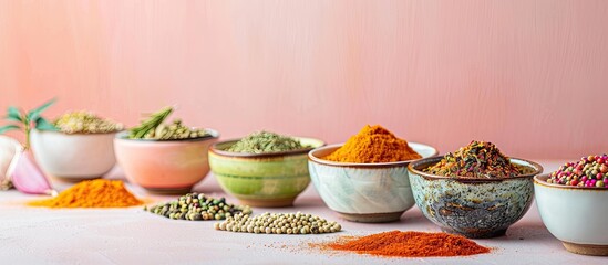 Poster - Bowls of assorted spices set against a bright backdrop with ample empty space for additional elements in the image.