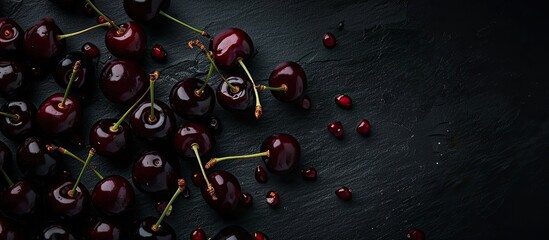 Aufkleber - Dark sweet cherries scattered on a dark backdrop with space for text or images. image with copy space
