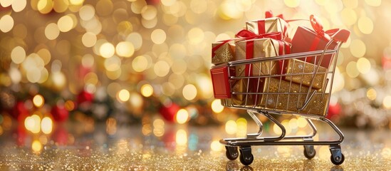 Christmas online shopping and sales depicted with a shopping cart filled with gift boxes on a gleaming golden backdrop. A supermarket trolley brimming with presents is displayed in a banner featuring