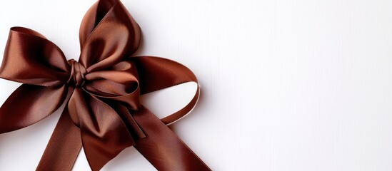 Poster - Chocolate silk gift bow with two ribbons crisscrossing on a white backdrop, with copy space image included.