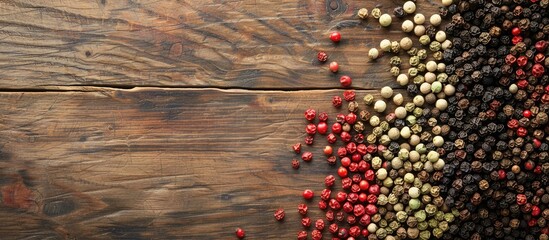 Aufkleber - Flat lay of various peppercorns on a wooden table with copy space image available.