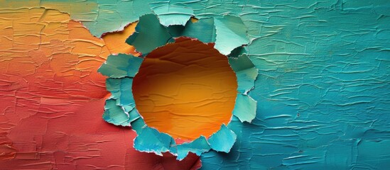 Fototapete - Circular hole in colorful cardboard with a torn paper frame, providing copy space image against textured background.
