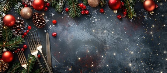 Poster - Festive Christmas table decor with silverware in a flat lay copy space image.