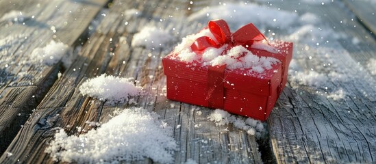 Poster - Close-up of a festive gift box with a bow on a wooden surface with snow, ideal for a copy space image.