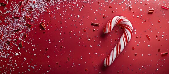 Poster - Christmas-themed candy cane placed on a festive background for a party design with a flat lay and top view, including a copy space image.