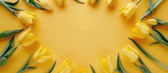 Poster - Circular arrangement of yellow tulips with buds from an overhead view on a yellow background, creating a visually appealing copy space image.