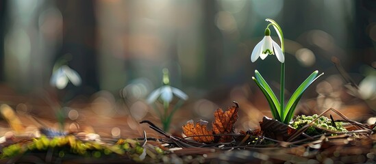 Aufkleber - Close-up shot of a white snowdrop (Galantus) flower in a forest meadow during early spring, with selected focus on the blossom, copy space image.