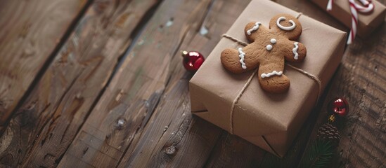 Wall Mural - Christmas-themed gift box with gingerbread and ornament on wooden backdrop, offering copy space image.