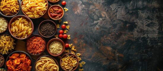 Poster - Cooking concept with a variety of pasta displayed in a top-view copy space image.