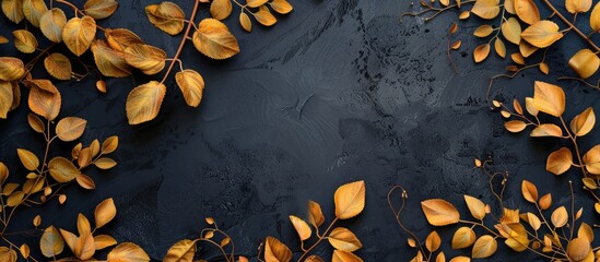 Poster - Floral greeting card with a fall theme featuring yellow leaves on a dark background, perfect for Thanksgiving, with room for text or images. image with copy space