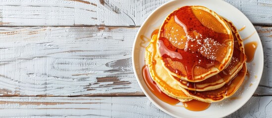 Poster - Close-up of delicious homemade caramel stuffed pancakes on a white wooden background with selective focus, top view, and spacious area for text or images - a great copy space image.
