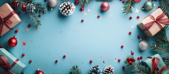 Poster - Festive holiday elements like gift boxes, ornaments, and fir tree branches arranged on a blue backdrop, creating a Christmas and New Year theme with copy space image.