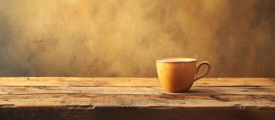Poster - Coffee cup on a wooden table with ample copy space image.