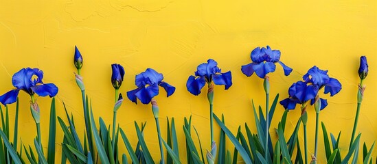 Poster - Blue irises group against a yellow wall backdrop with copy space image, blooming in a garden in front of a light yellow facade.