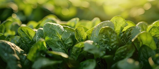Poster - Close up view of fresh green spinach shown in natural light with a background providing ample copy space image.
