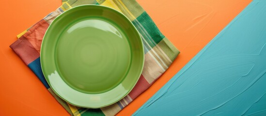 Wall Mural - an overhead view displays an empty circular green plate on a colorful background, placed on a tablec