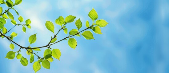 Wall Mural - Early summer landscape featuring a branch of fresh green leaves against a blue sky, providing a picturesque copy space image.