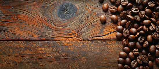 Poster - Coffee beans displayed on a rustic wooden surface, with open area for additional content known as a copy space image.