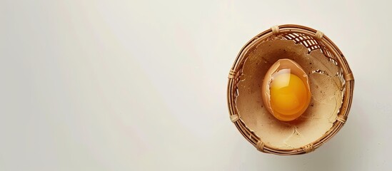 Poster - Chicken egg with eggshell in a basket, captured from above with copy space image. Depicting natural, healthy food and promoting organic farming on a white backdrop.