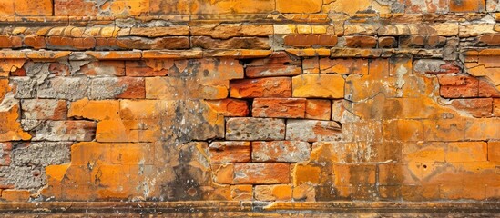 Fototapete - An ancient temple's weathered orange brick wall provides a backdrop for design with copy space image, ideal for an antique interior theme.