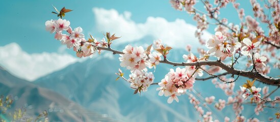 Aufkleber - Almond tree in bloom with mountain in the background, perfect for copy space image.