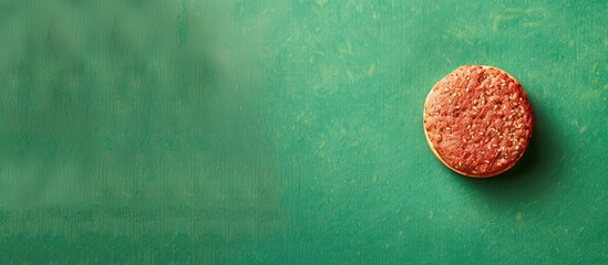 Wall Mural - Burger patty on a green backdrop with copy space image.