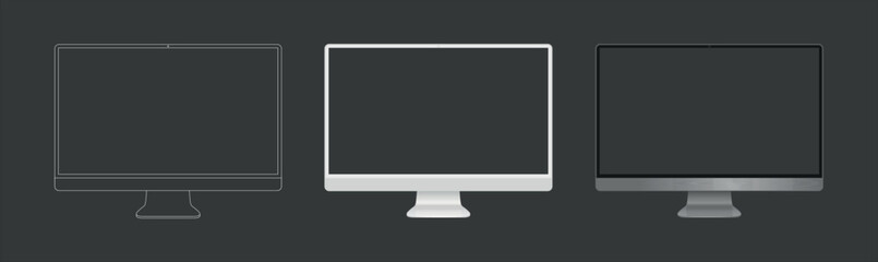 Poster - pc computer monitor mockup in clay, outline, and realistic style. Computer monitor mock up Isolated on Background. Vector illustration