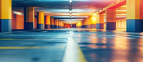 Condominium building underground car park with a blurred background is shown in the copy space image.