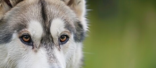 Poster - Close-up portrait of a Siberian Husky with a white and gray coat, brown eyes, and a blurred green background, with copy space image